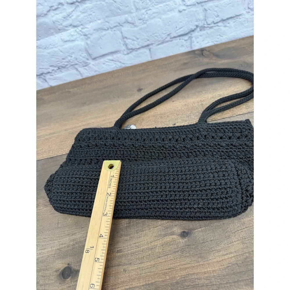 The Sak Black Crochet Shoulder Bag Small Boho Woven Zip Top Purse Silver Charm